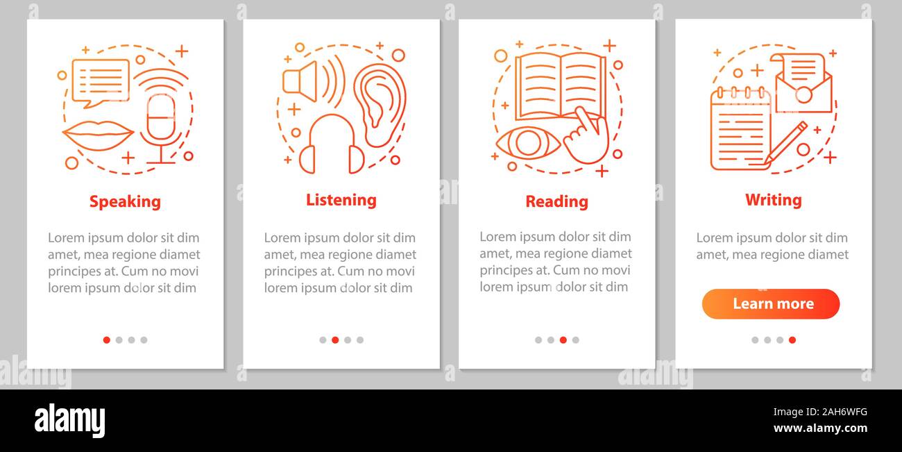 Basic language skills onboarding mobile app page screen with linear ...