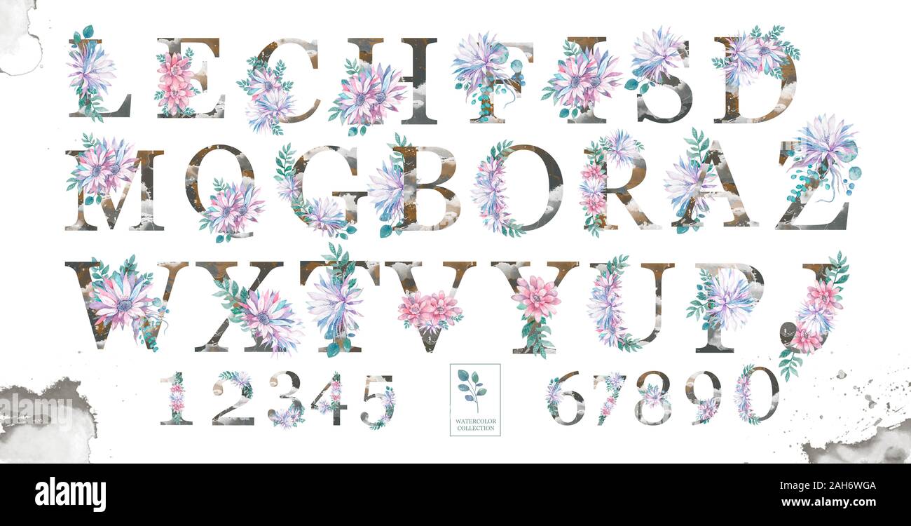 Beauty letters with watercolor pink flowers and elegant alphabet ...