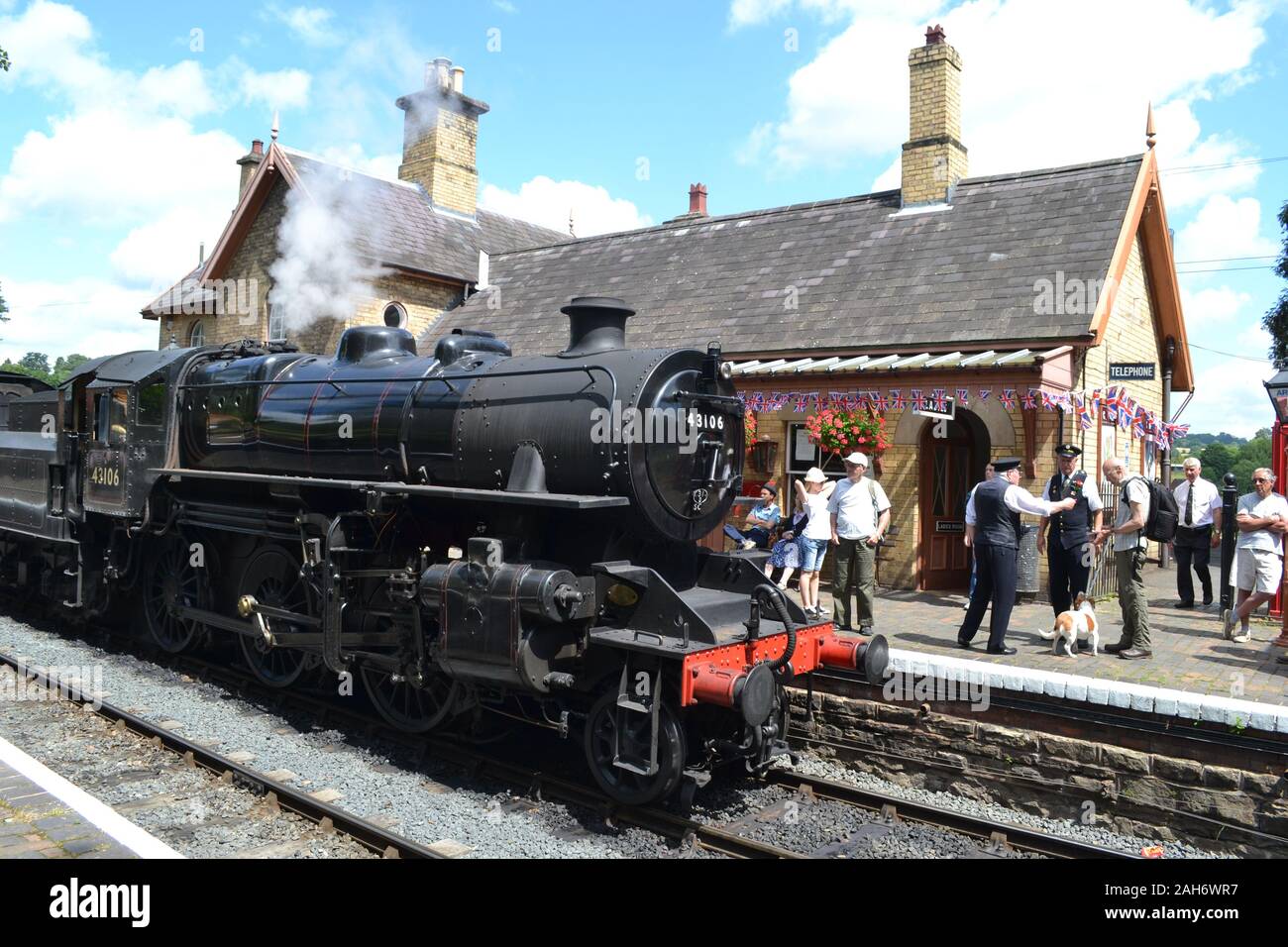 Steam Train at Highly Station on the Severn Valley Railway, during a 1940s weekend, Shropshire, UK Stock Photo