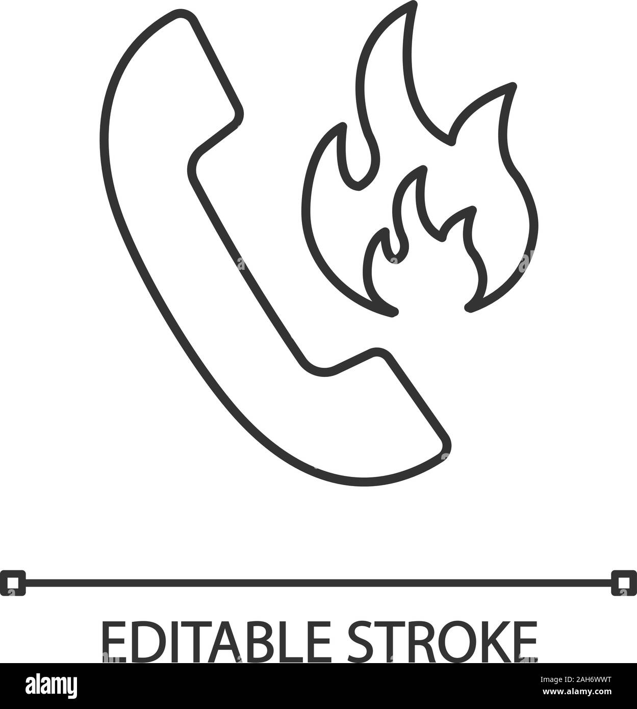 Hotline support linear icon. Fire emergency call. Thin line illustration. Handset with fire. Contour symbol. Vector isolated outline drawing. Editable Stock Vector