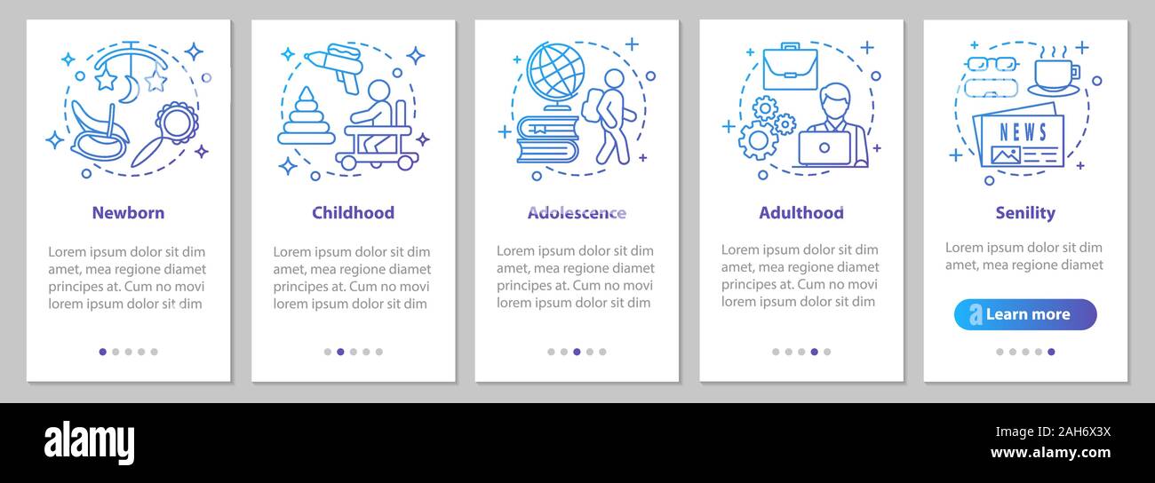 Human lifecycle onboarding mobile app page screen with linear concepts ...