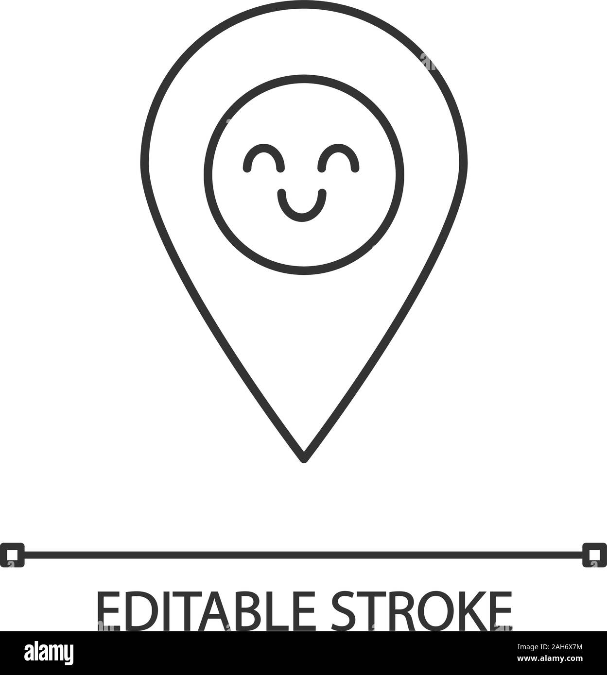 Smiling map pin character linear icon. Easy GPS navigation. Thin line illustration. Happy map pinpoint, marker. Emoji, emoticon. Contour symbol. Vecto Stock Vector
