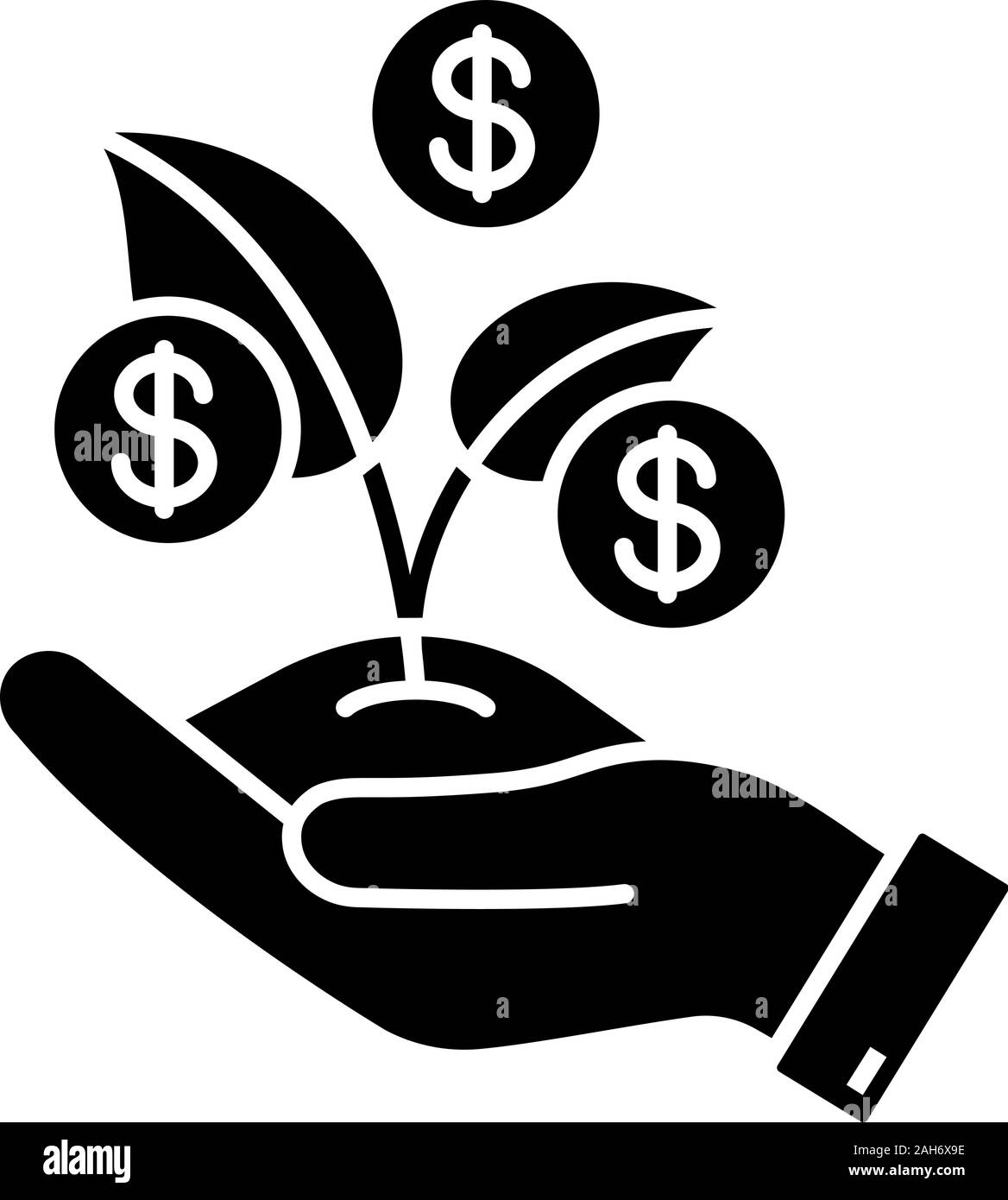 Seed money glyph icon. Seed funding, capital. Business development. Hand holding sprout and dollar coin. Early investment. Financing, budgeting. Negat Stock Vector