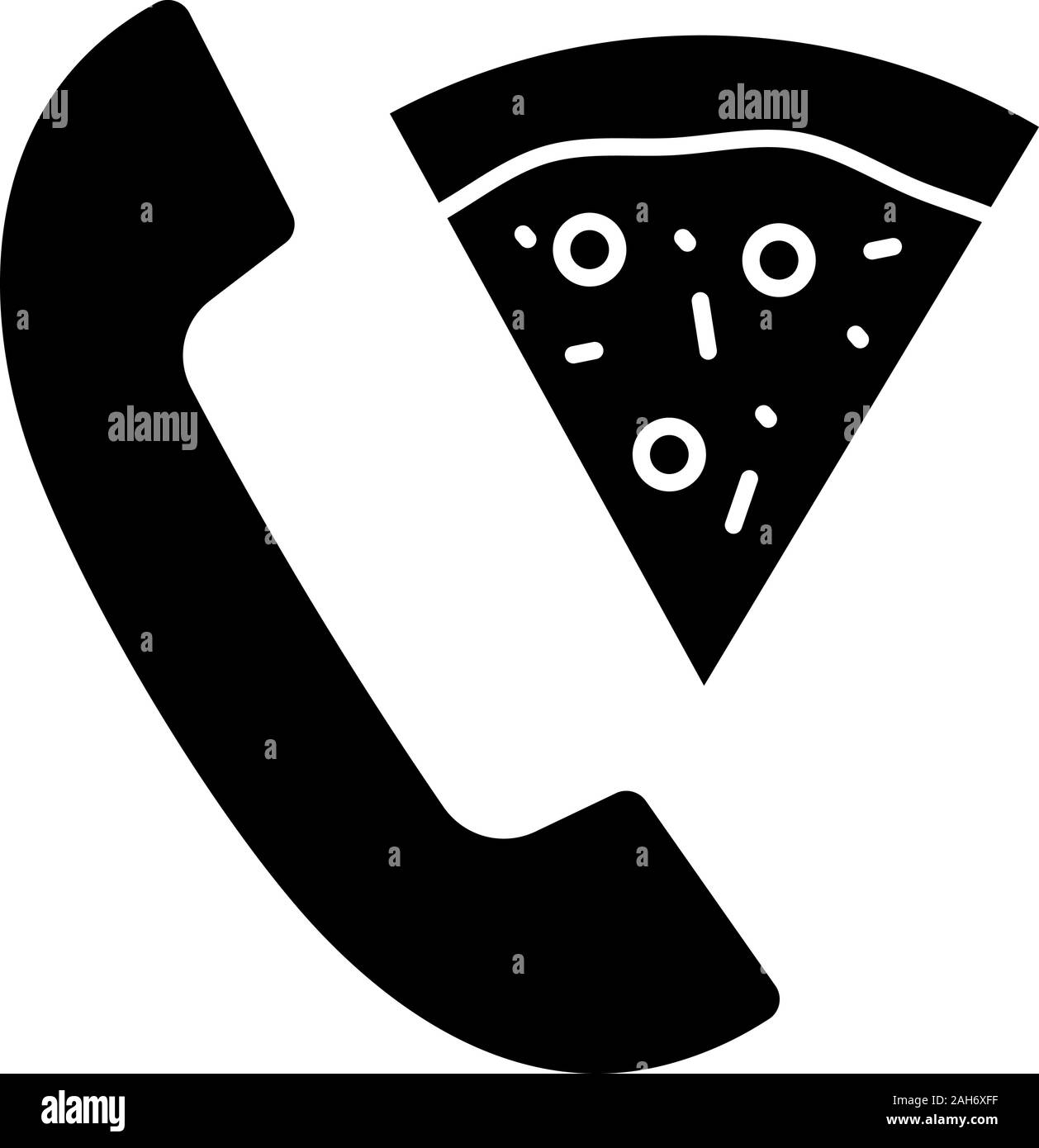 Pizza delivery call glyph icon. Food delivery service. Handset with pizza. Silhouette symbol