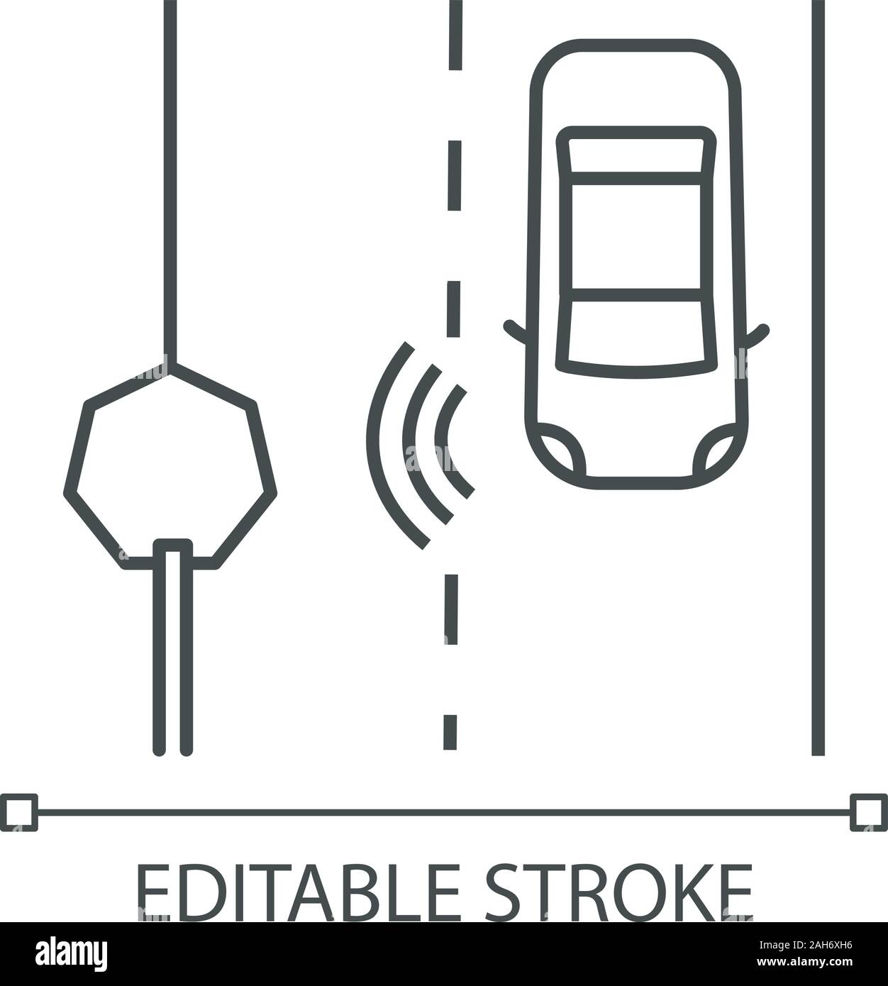 Autonomous car reading road sign linear icon. Driverless car detecting