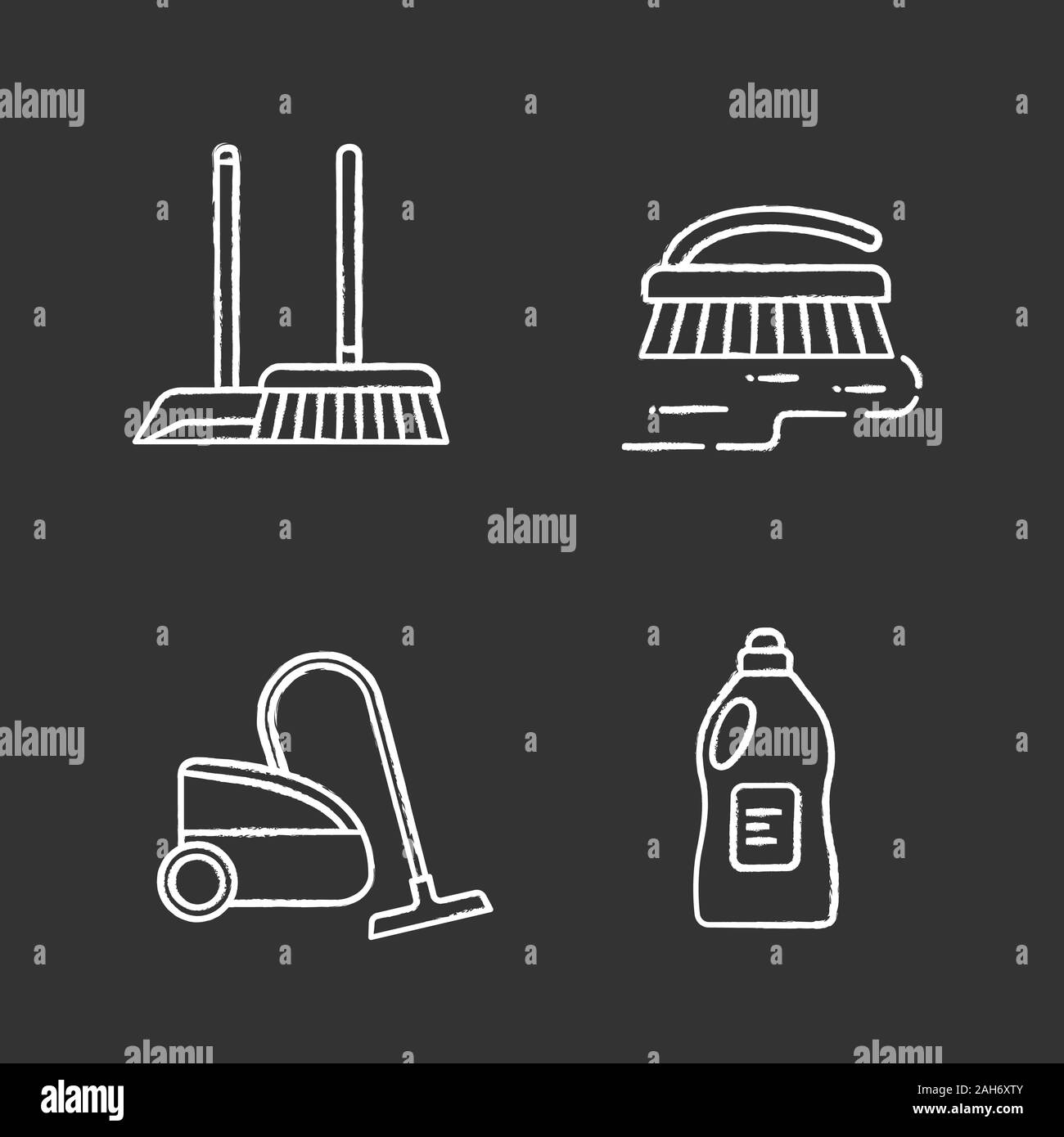 Cleaning service chalk icons set. Scoop and sweeping brush, vacuum ...
