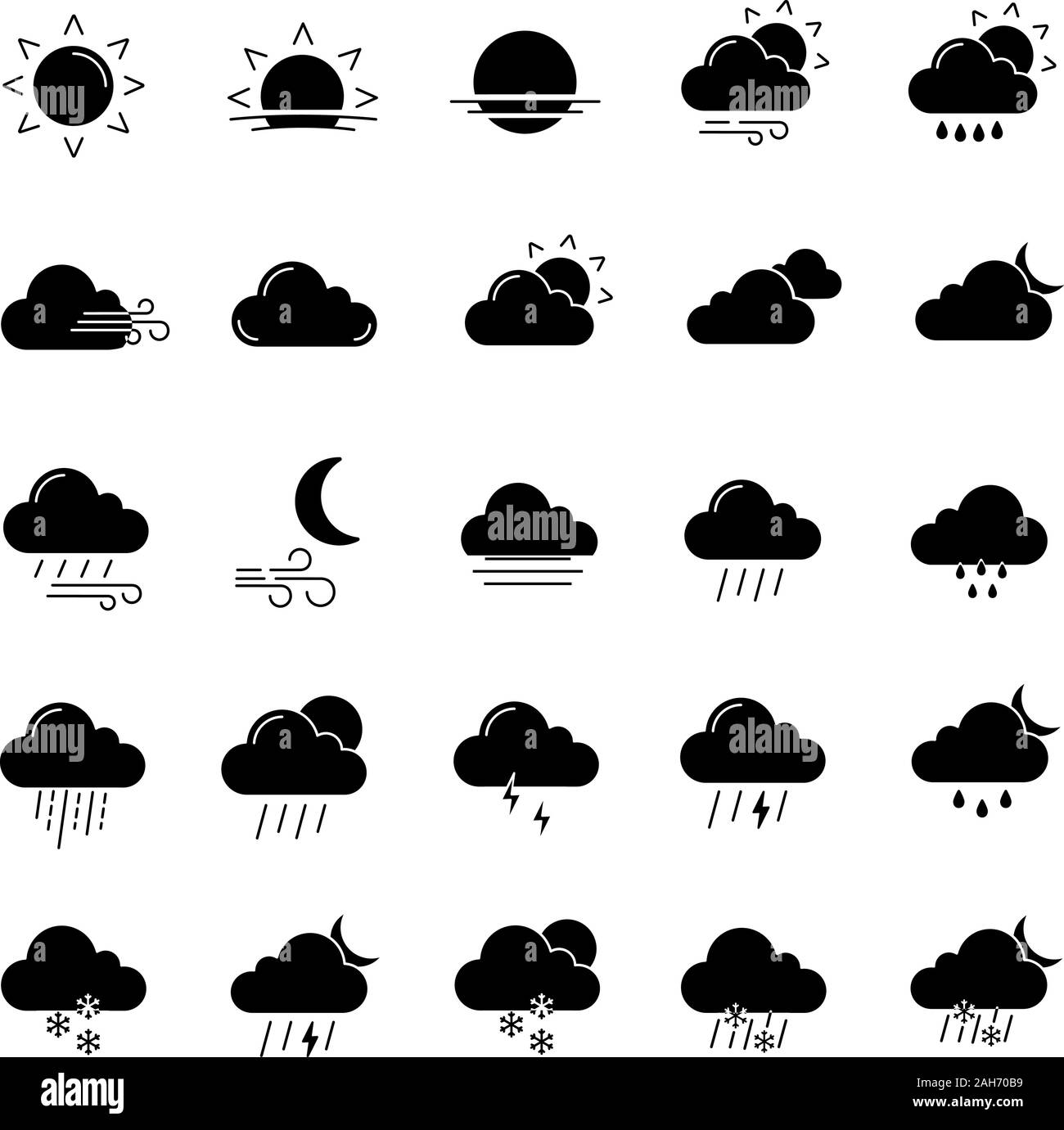 Weather forecast glyph icons set. Snow, rain, sleet. Shower or drizzle