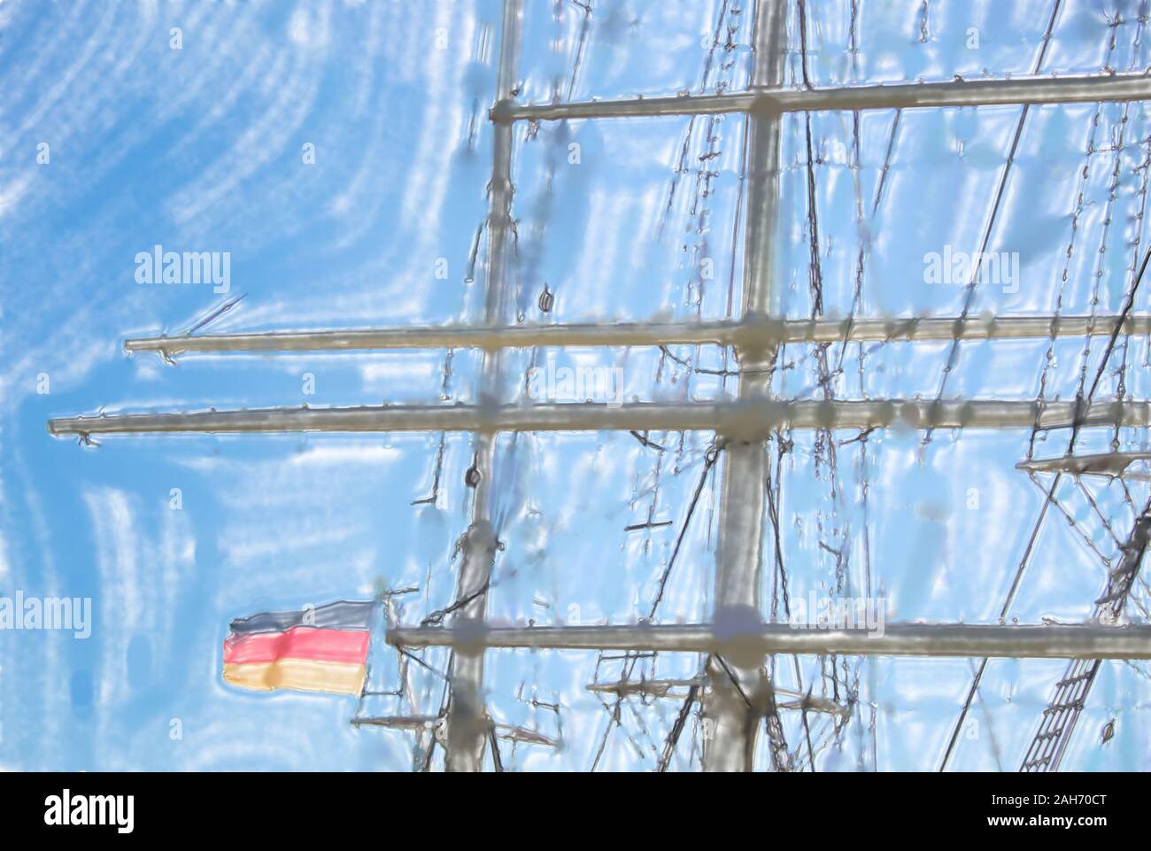 watercolor illustration: rigging and masts of a big sailing ship in ...