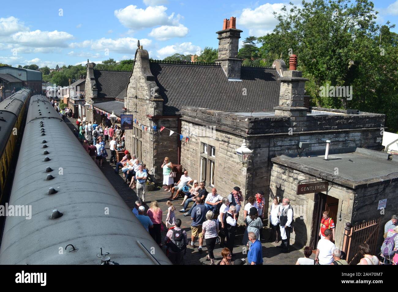Trains at Bridgnorth Station on the Severn Valley Railway, during a 1940s weekend, Shropshire, UK Stock Photo