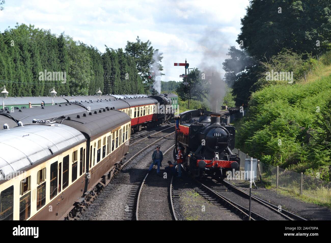 Steam Train on the Severn Valley Railway, during a 1940s weekend, Shropshire, UK Stock Photo