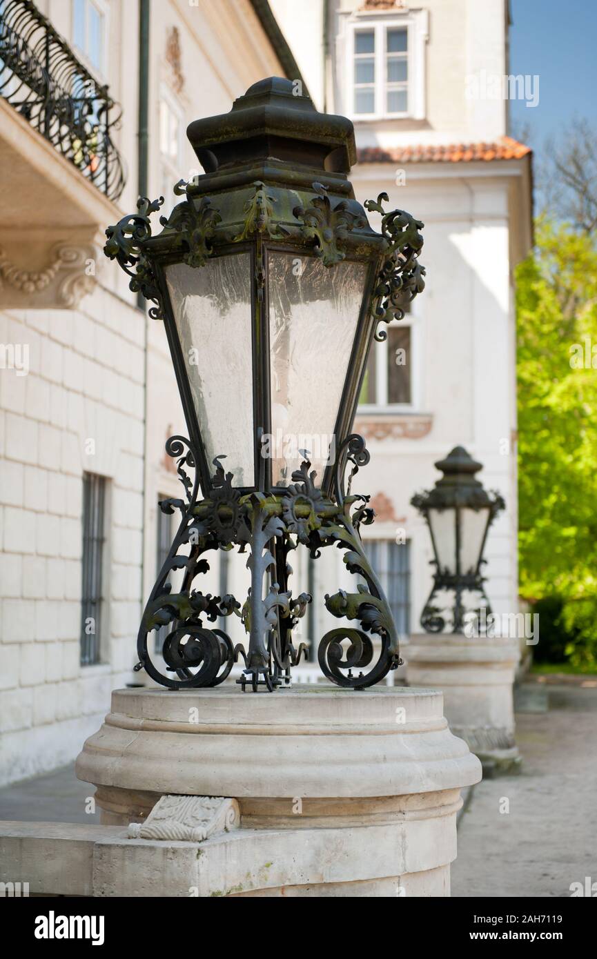 Huge lanterns in Radziwiłł's Palace in Nieborów exterior in Poland, Europe, two floral decorated lamps in front of the entrance to the palace. Stock Photo