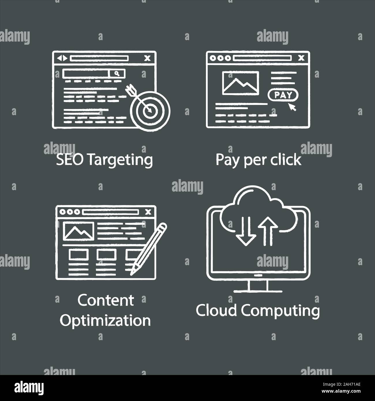 SEO chalk icons set. Targeted advertising, pay per click, content editing, cloud computing. Isolated vector chalkboard illustrations Stock Vector