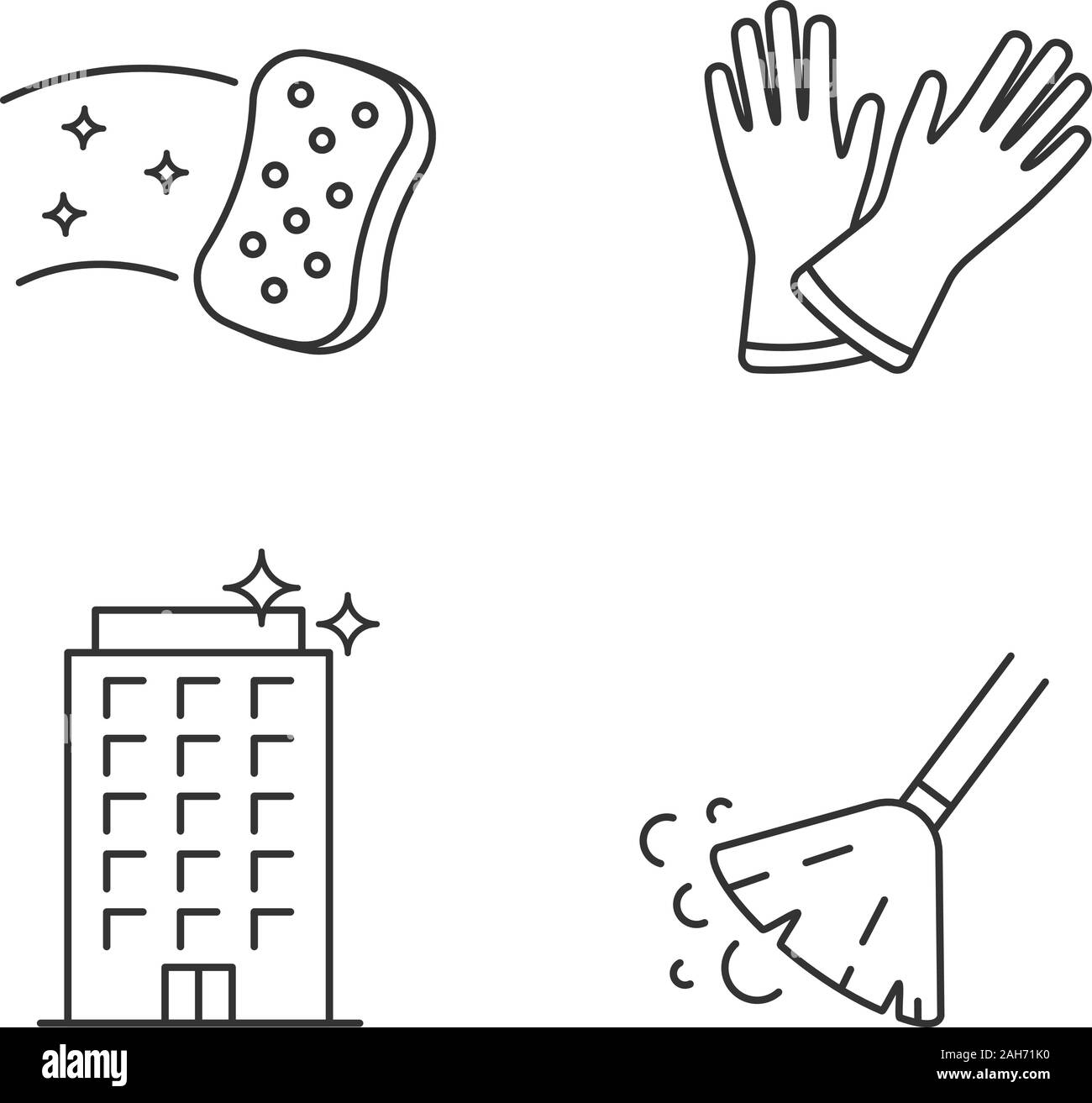 Cleaning service linear icons set. Household gloves, sweeping broom