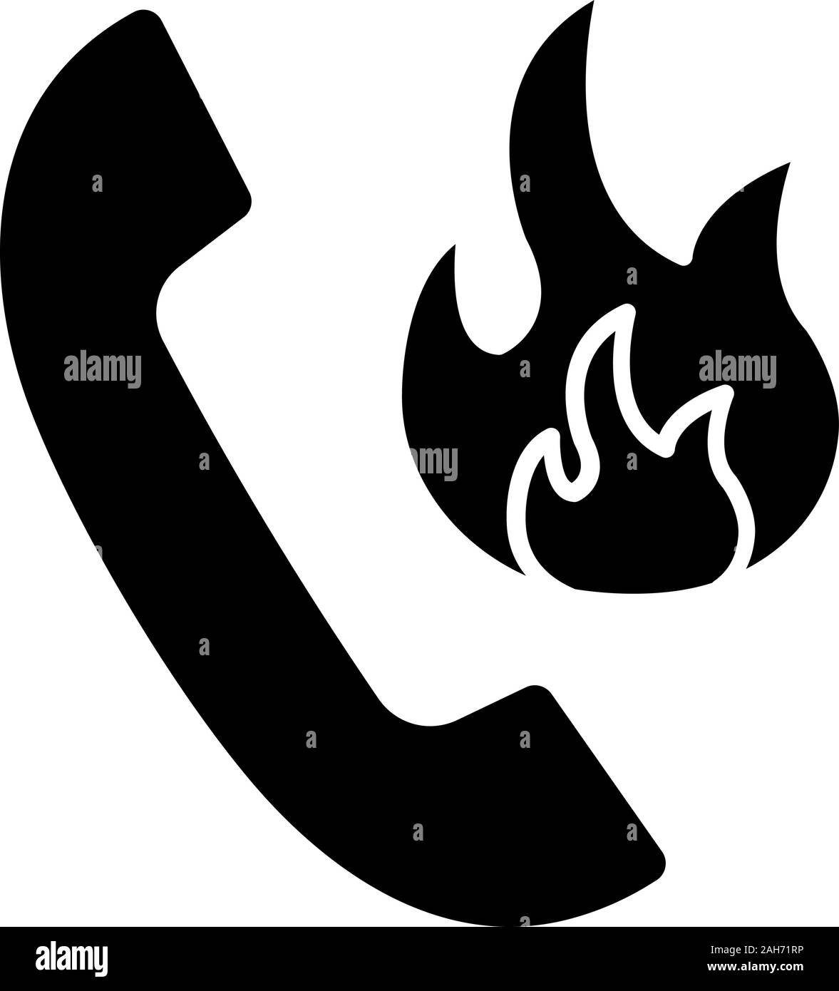 Hotline support glyph icon. Fire emergency call. Handset with fire. Silhouette symbol. Negative space. Vector isolated illustration Stock Vector