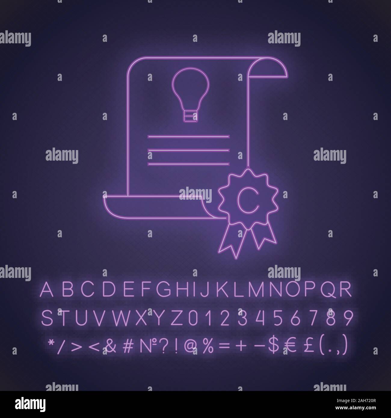 Intellectual property and copyright neon light icon. Idea patent