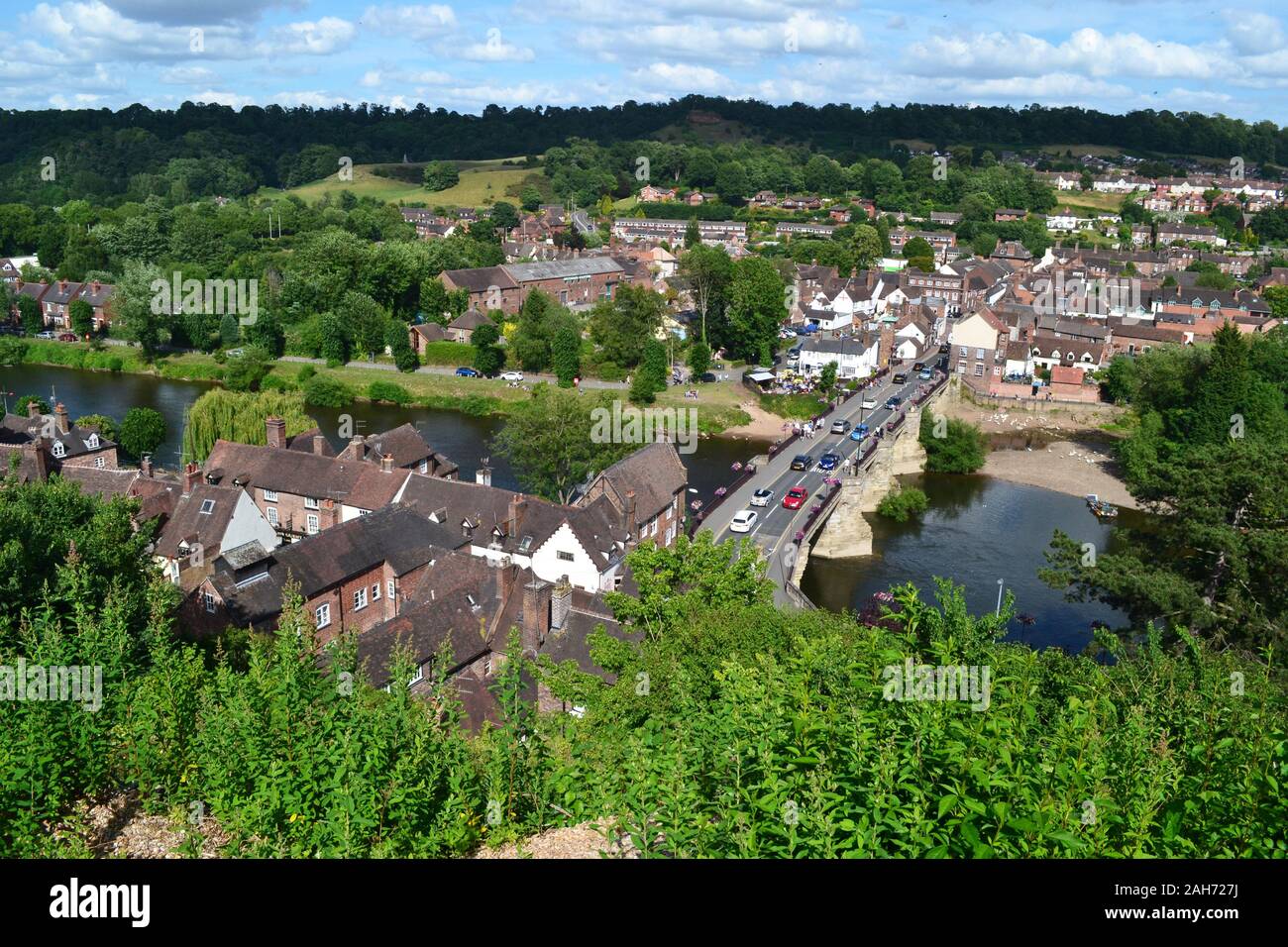 View of the Severn Valley and Bridgnorth Low Town, from the cliff top beside Bridgnorth Cliff Railway, Bridgnorth, Shropshire, UK Stock Photo