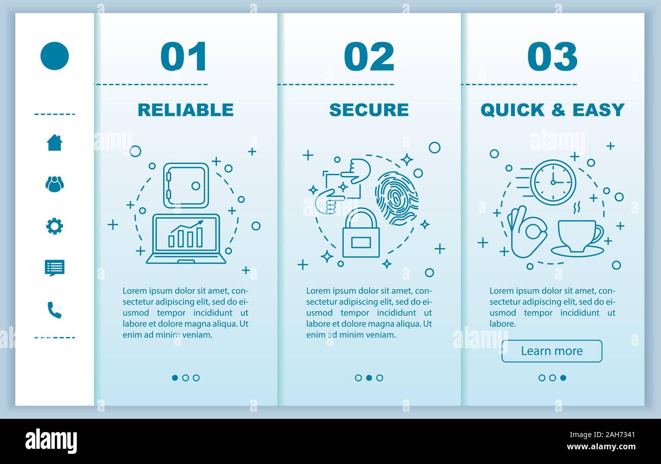 Digital services onboarding mobile web pages template. Business software. Security, quick and easy launch, reliable service. Responsive smartphone web Stock Vector