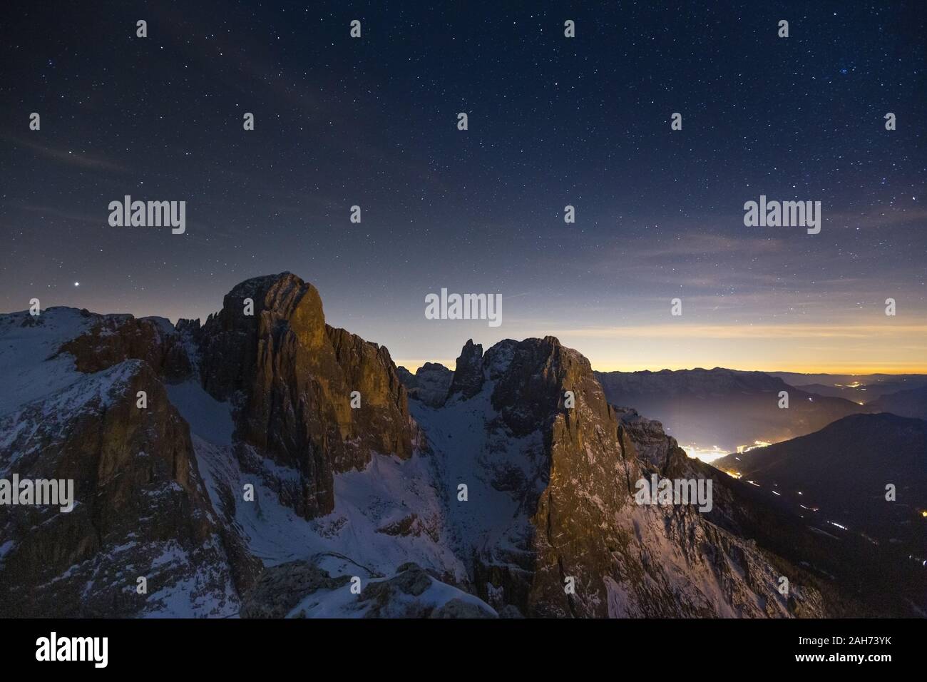 The Pale di San Martino group at night. Pala peak. The Dolomites of Trentino. Night mountain landscape, starry sky. Primiero. Italian Alps. Europe. Stock Photo