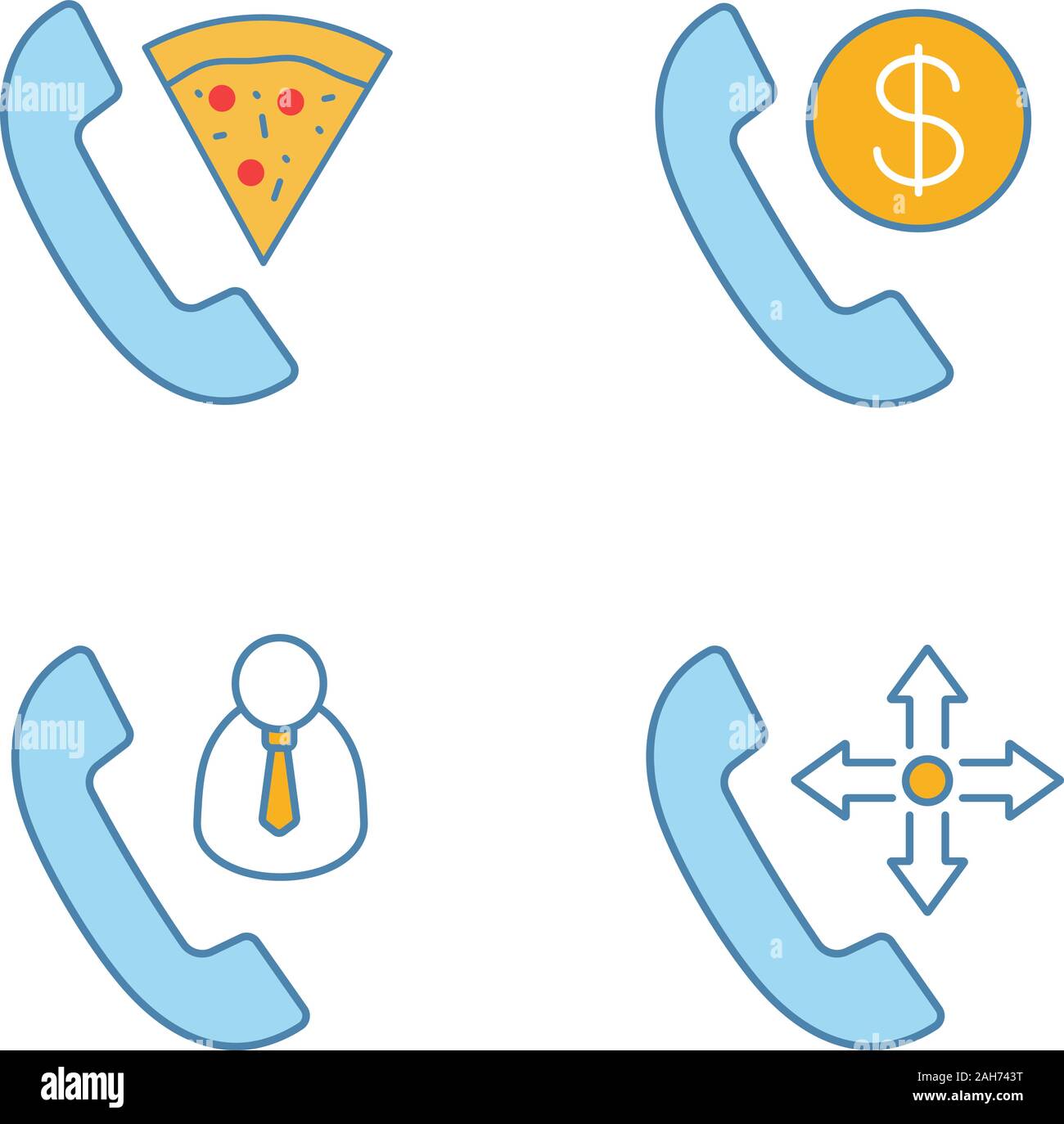 Phone services color icons set. Pizza delivery, customer service, phone