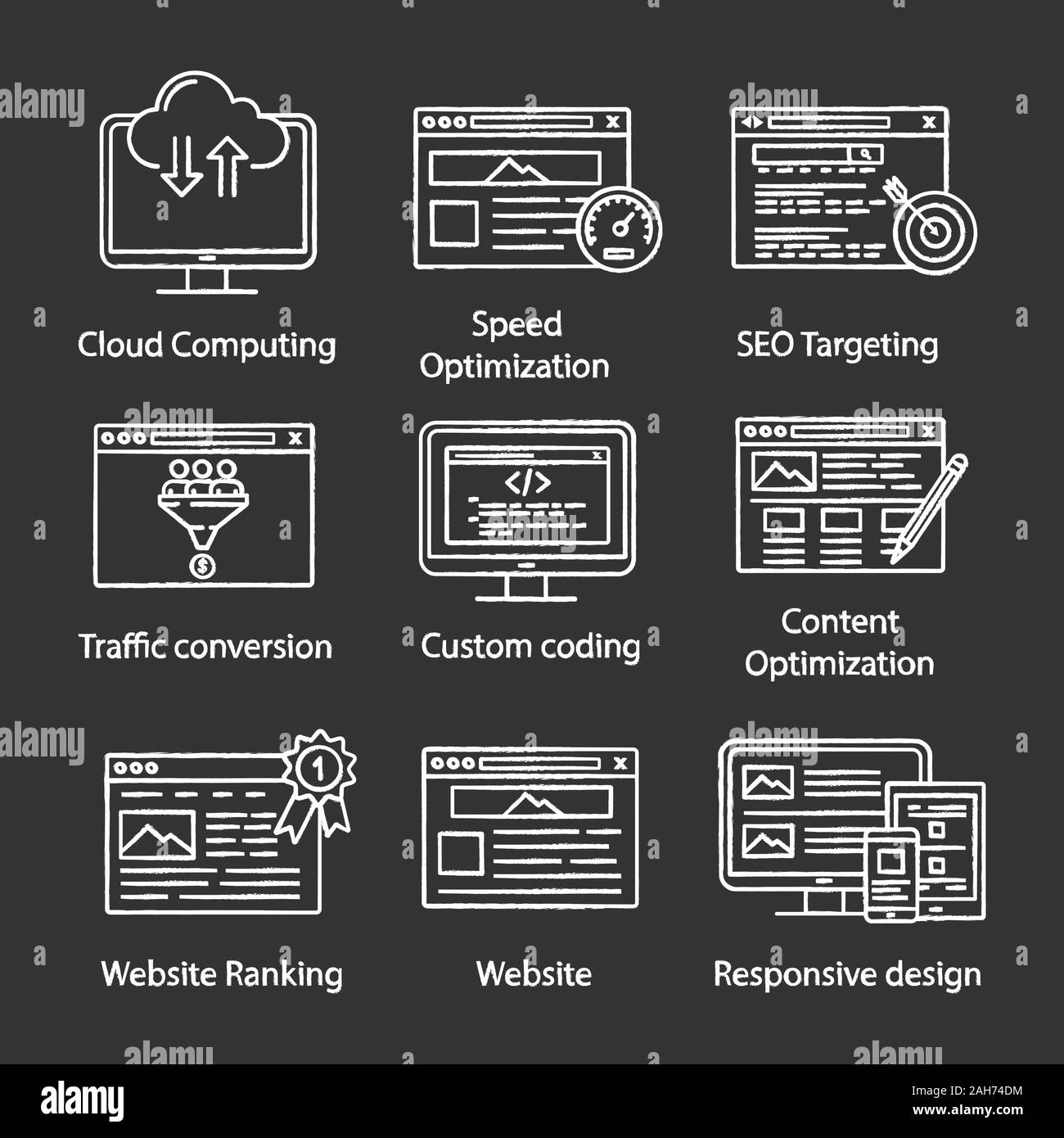 SEO chalk icons set. Cloud computing, speed optimization, targeting, traffic, conversion, custom coding, copywriting, ranking, website, responsive des Stock Vector