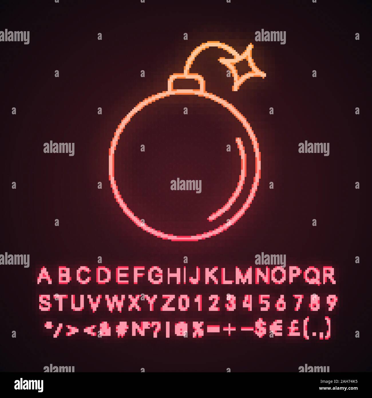 Bomb neon light icon. Cannonball bomb with burning safety fuse. Round