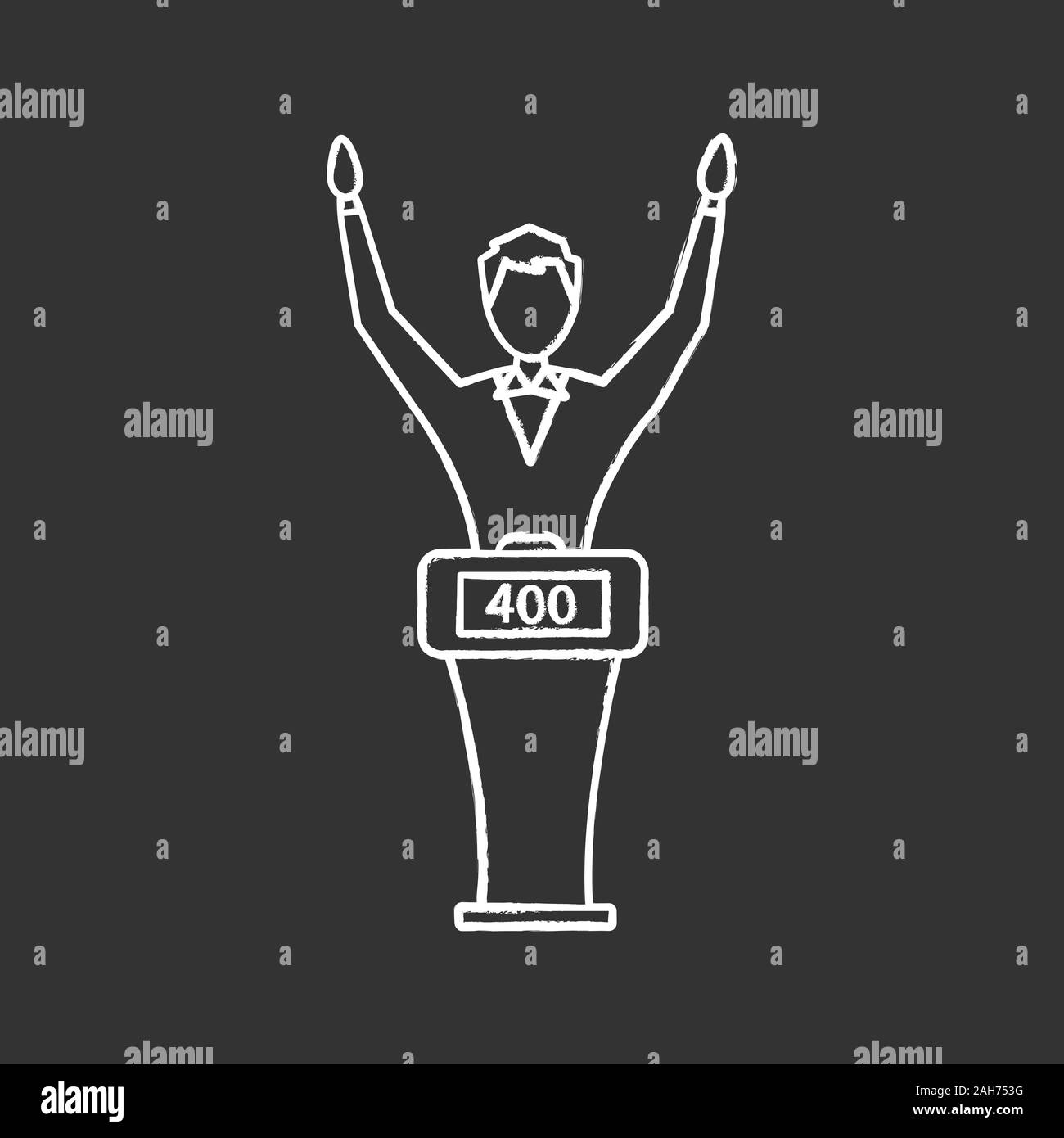 Quiz show win chalk icon. Winner player of intellectual game. Man standing at game show podium with high score. Contestant at buzzer system. Trivia co Stock Vector