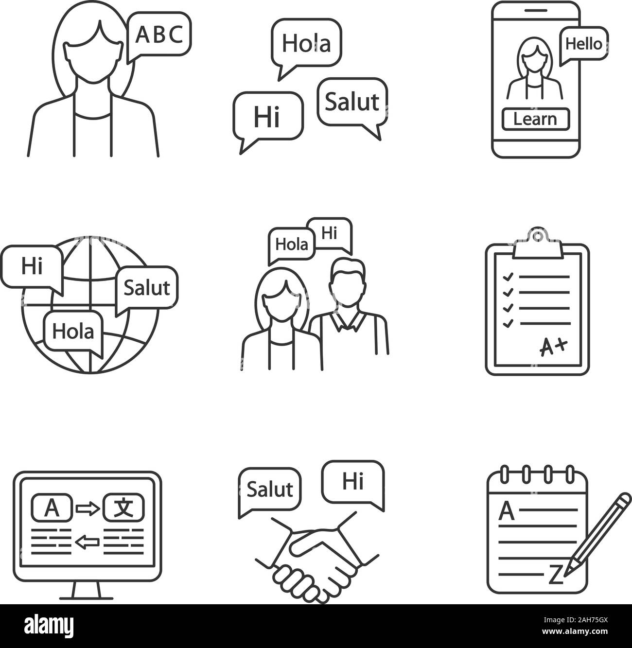 Foreign language learning linear icons set. Teacher, foreign language