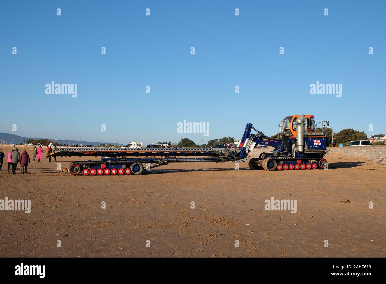 December 2019: The RNLI Supacat Tractor and Carriage waiting to haul Exmouth's Shannon-class lifeboat back to their lifeboat station at Exmouth beach Stock Photo