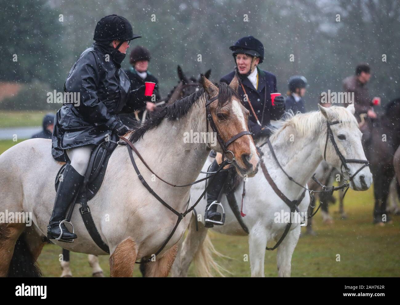 New Forest, Hampshire, UK. 26th December 2019. New Forest Hounds Boxing Day Hunt on a very wet and windy morning at Bolton’s Bench, Lyndhurst. Credit Stuart Martin/Alamy Live News Stock Photo