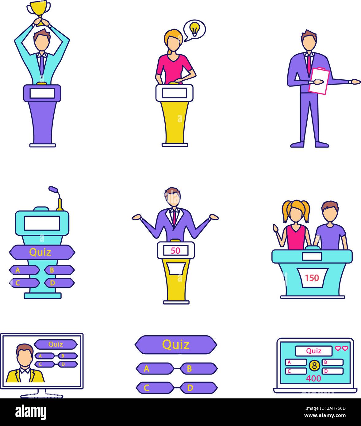 Quiz show color icons set. Intellectual game questions, podiums, buzzer  systems, players, pub quiz, online and studio games, winners, losers.  Isolated Stock Vector Image & Art - Alamy