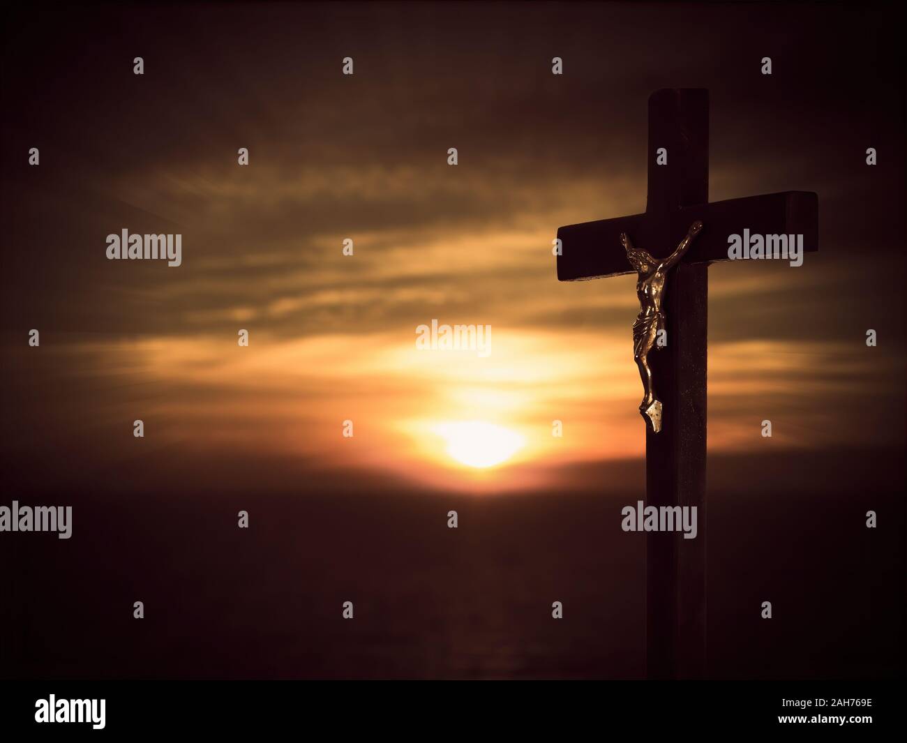 Christian inspirational background. Crucifix, cross over dark night dawn landscape background. Maybe religious Easter. Stock Photo
