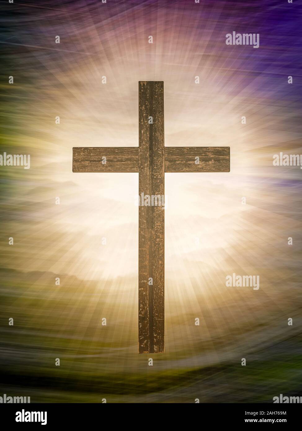 Christian cross on abstract landscape background with rays of glory. Religious Easter. Stock Photo
