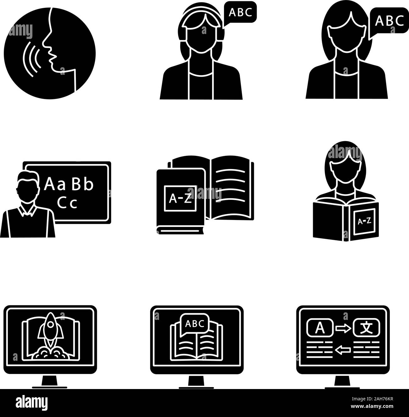 Foreign language learning glyph icons set. Pronunciation, listening, teacher, native speaker