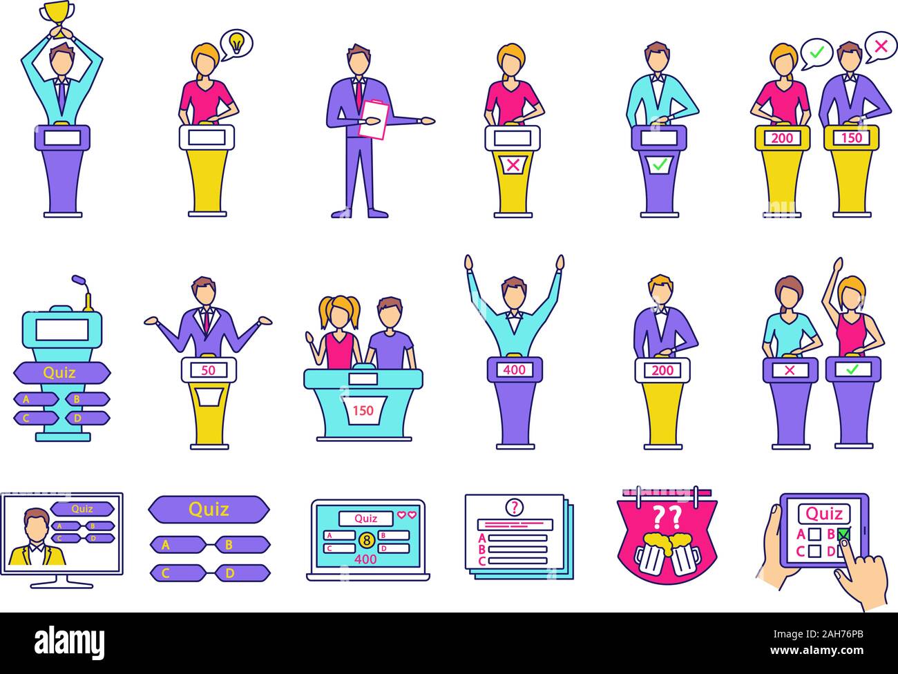 Quiz show color icons set. Intellectual game questions, podiums, buzzer  systems, players. Quiz TV show, online and studio games, bar trivia.  Isolated Stock Vector Image & Art - Alamy