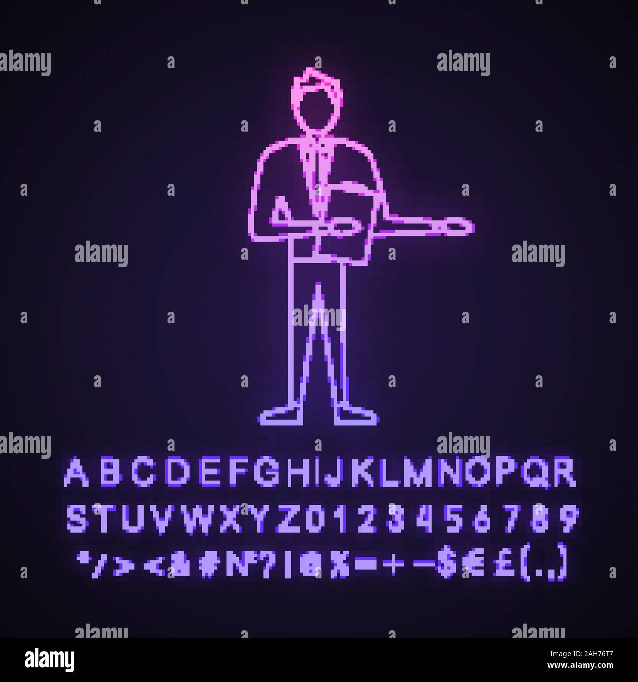 Game show host neon light icon. Quiz master. Emcee, announcer. Showman, journalist or comedian. Trivia contest. Glowing sign with alphabet, numbers an Stock Vector