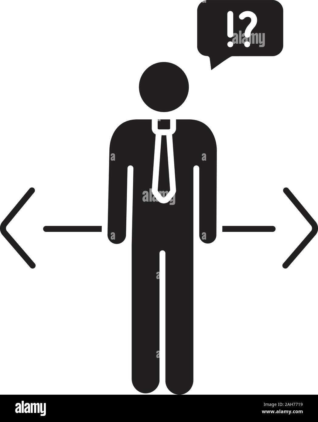 Making choice glyph icon. Decision management. Ethical dilemma. Job opportunities. Confused businessman. Ethical decision. Silhouette symbol. Negative Stock Vector