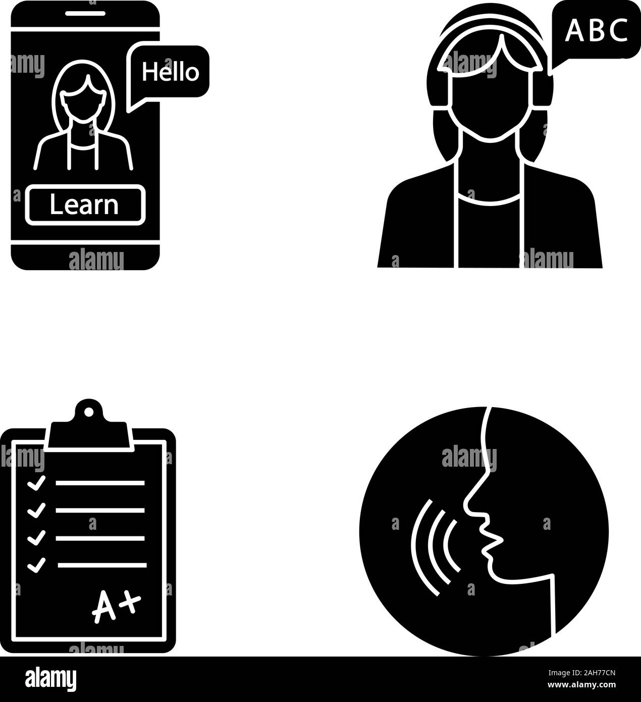 Foreign language learning glyph icons set. Educational app, listening