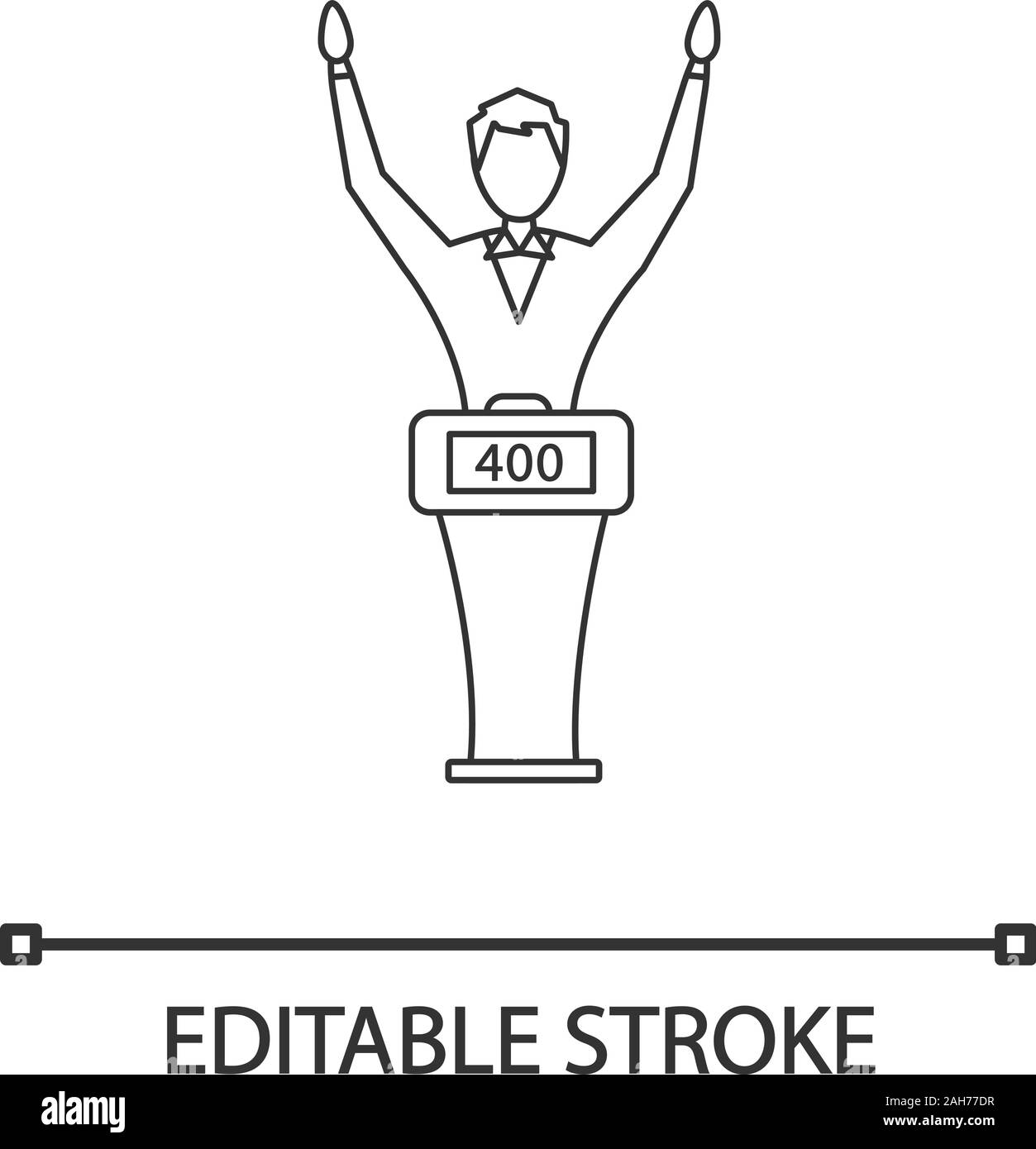 Quiz show win linear icon. Winner of intellectual game. Thin line illustration. Man standing at game show podium with high score. Contestant at buzzer Stock Vector