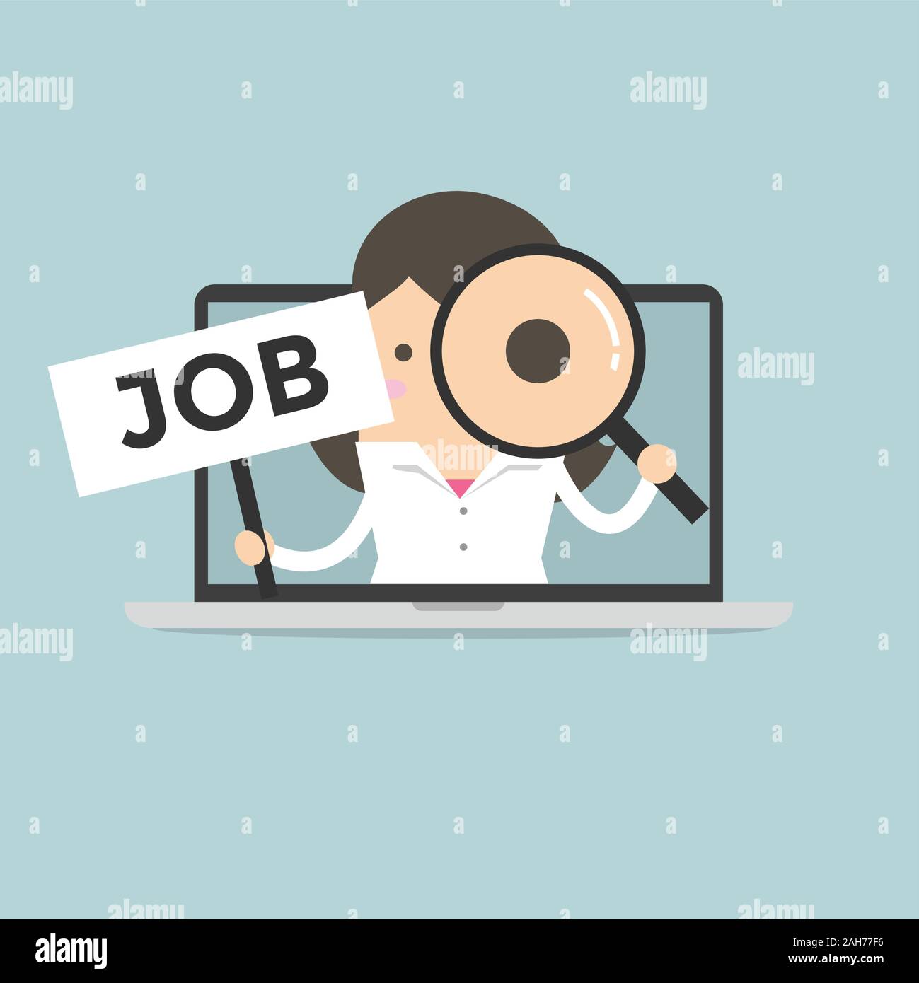 Businesswoman holding JOB sign and looking through a magnifying glass in computer notebook. Stock Vector