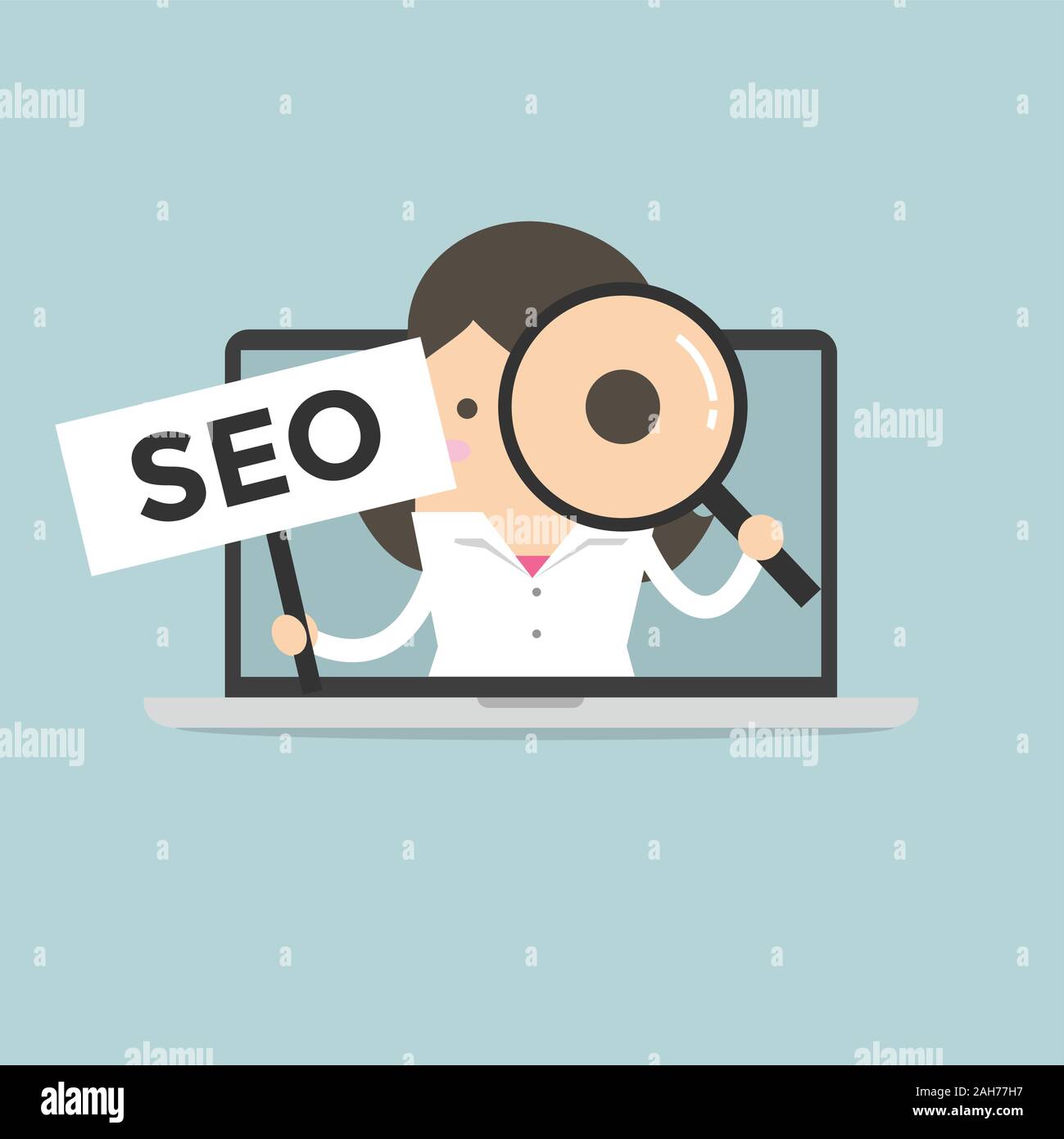 Businesswoman holding SEO sign and looking through a magnifying glass in computer notebook. Stock Vector