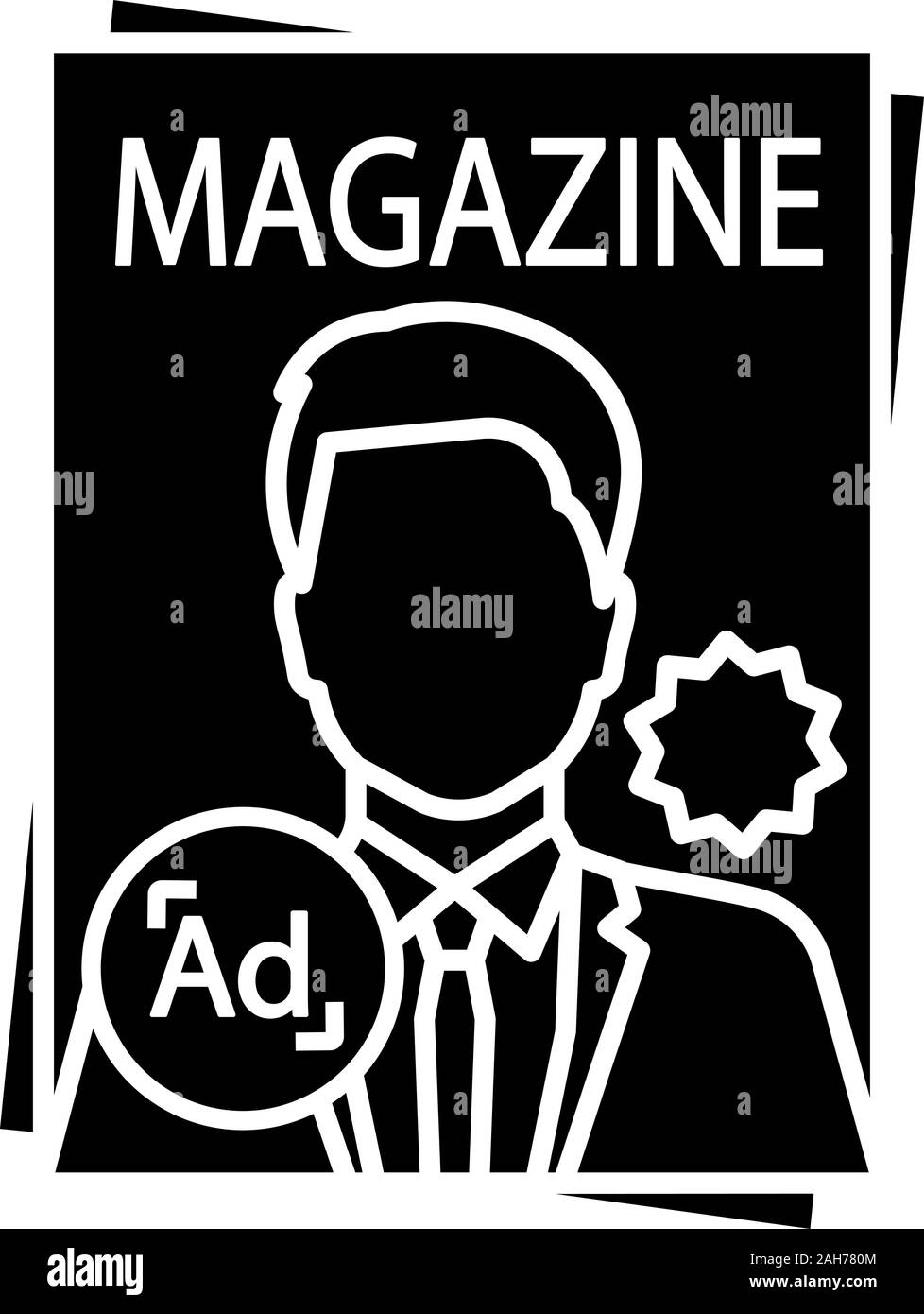 Magazine glyph icon. Tabloid. Print media. Periodical publication with celebrity photo. Paper magazine. Printing advertising. Silhouette symbol. Negat Stock Vector