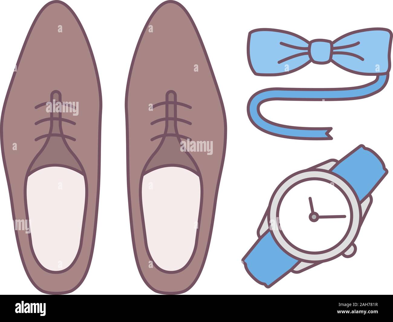 Mens accessories color icon. Dress code. Menswear. Men'€™s style and fashion. Shoes, wristwatch and tuxedo bow tie. Isolated vector illustration Stock Vector