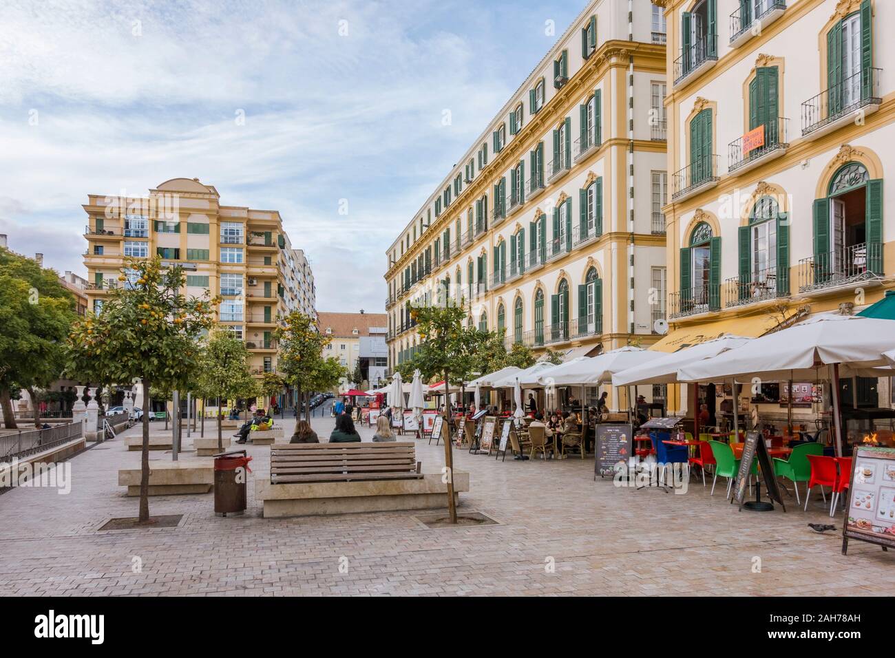 Plaza de la Merced (Mercy Square) bars and cafes, restaurants, square, plaza, Malaga, Spain. Stock Photo