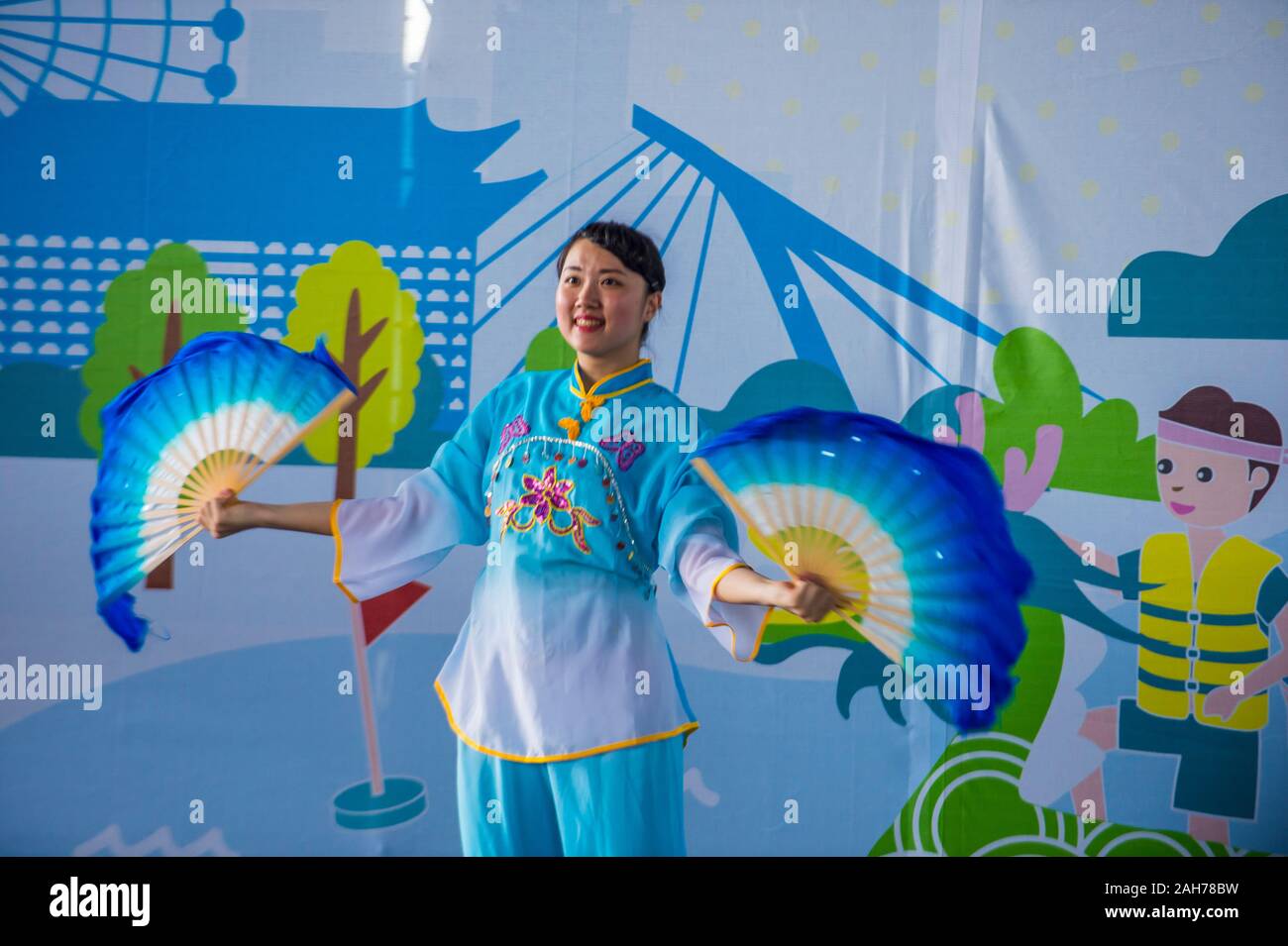 Taiwanese dancer perfom during the 2019 Taipei Dragon Boat festival in Taipei Taiwan Stock Photo