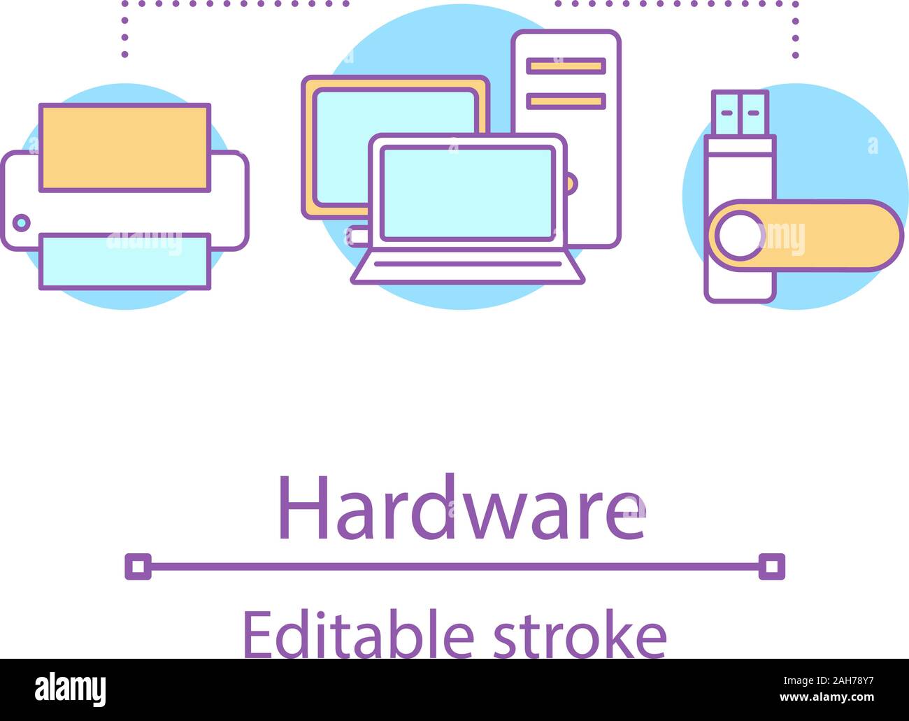 Hardware concept icon. Computer technology. PC, laptop, printer, flash