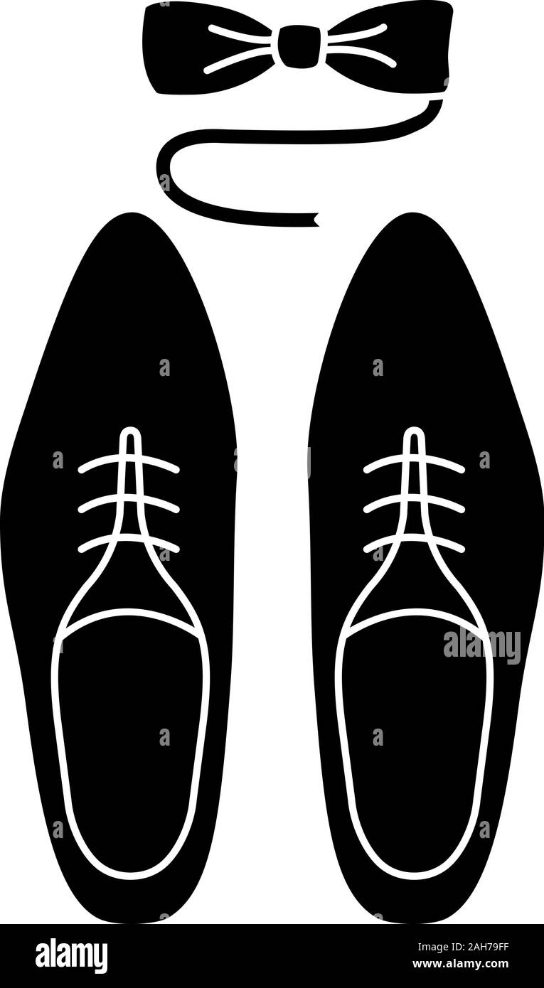 Mens accessories glyph icon. Dress code. Menswear. Men’s style and fashion. Shoes and tuxedo bow tie. Silhouette symbol. Negative space. Vector isolat Stock Vector