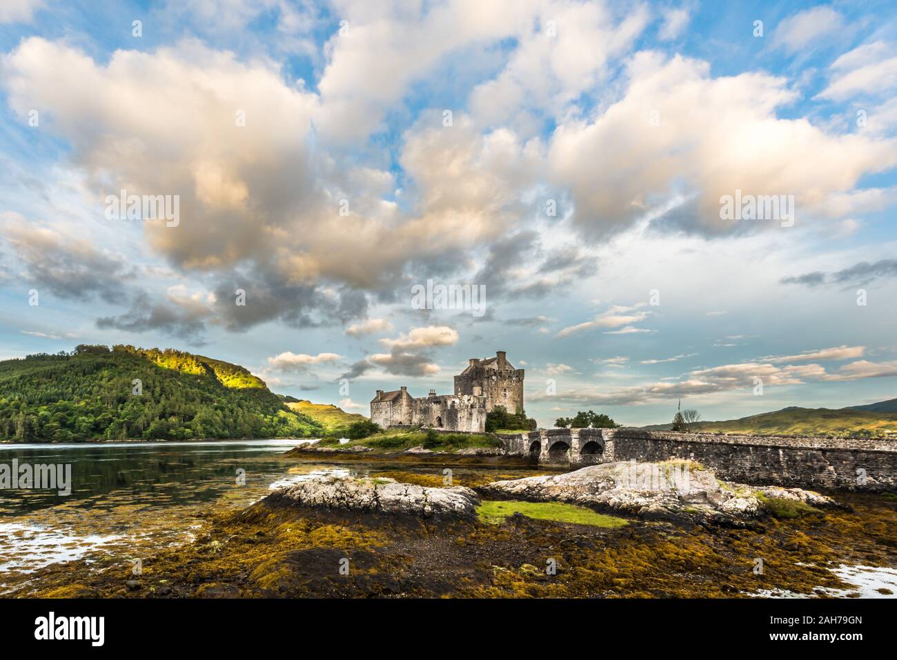 Ancient scottish castle sitting on a rock among seaweeds under a blue sky with puffy clouds in the early morning light Stock Photo