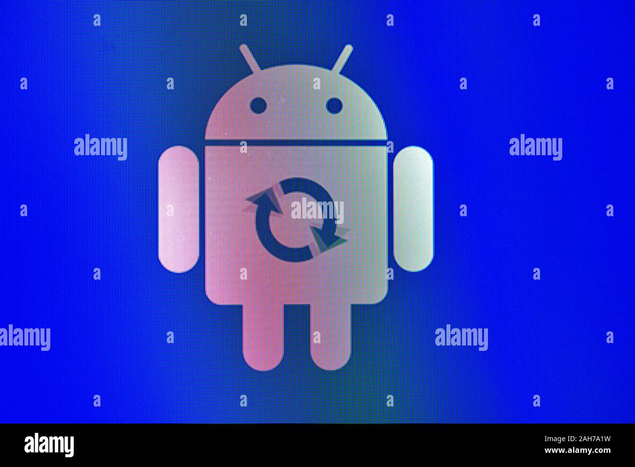 Android logo,android robot on a computer screen Stock Photo