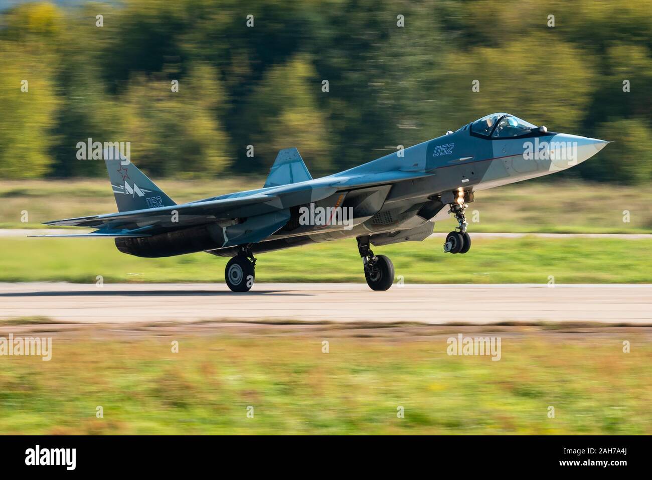 The Sukhoi Su-57 stealth fighter jet of the Russian Air Force at the MAKS 2019 airshow. Stock Photo