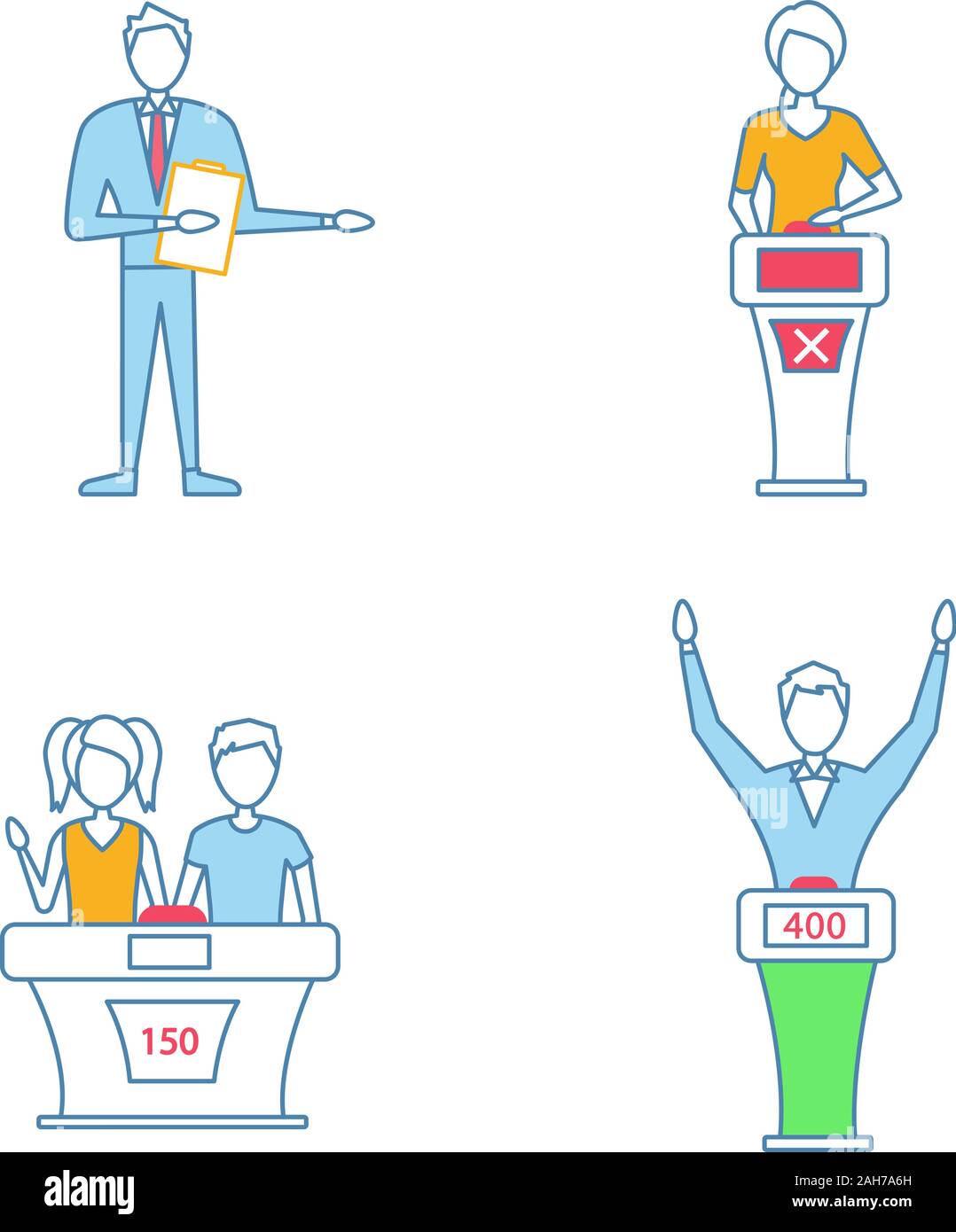 Quiz show color icons set. Game show host, winner and loser, buzzer